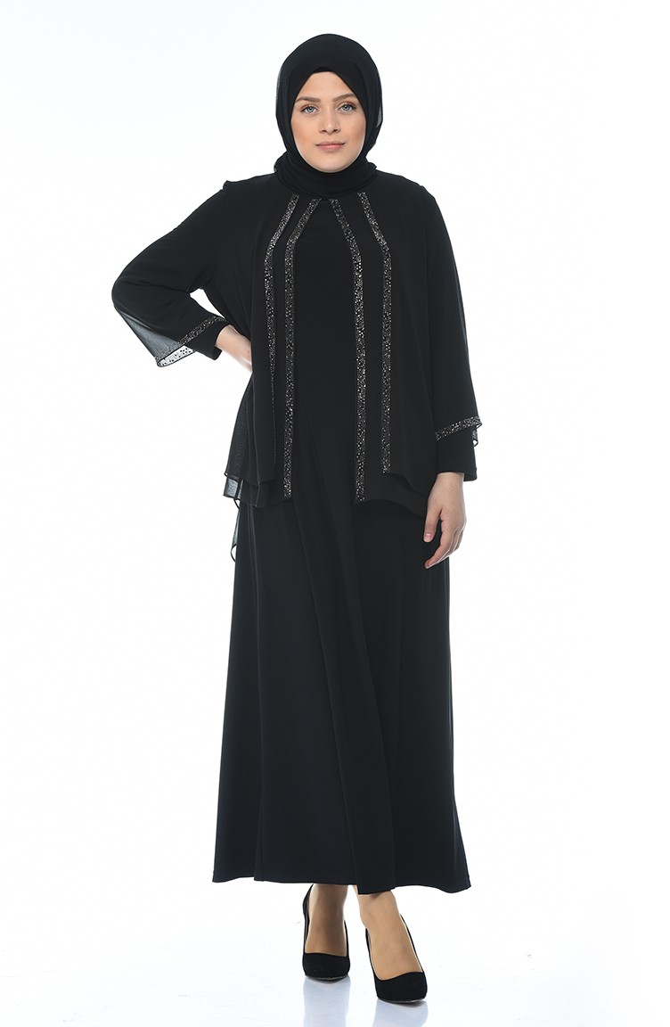 فستان سهرة مزين بالستراس مقاس كبير أسود 3149-01 | Sefamerve