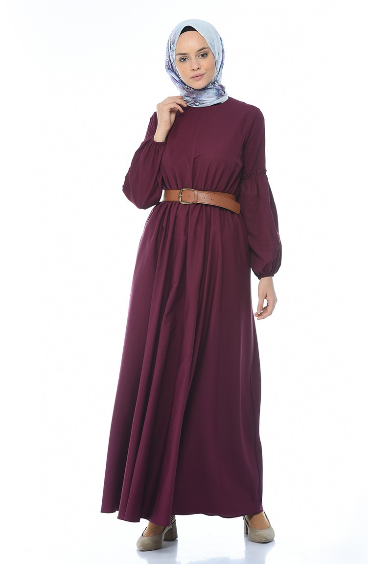 فستان بحزام على الخصر باللون العنابي 1039-02 | Sefamerve
