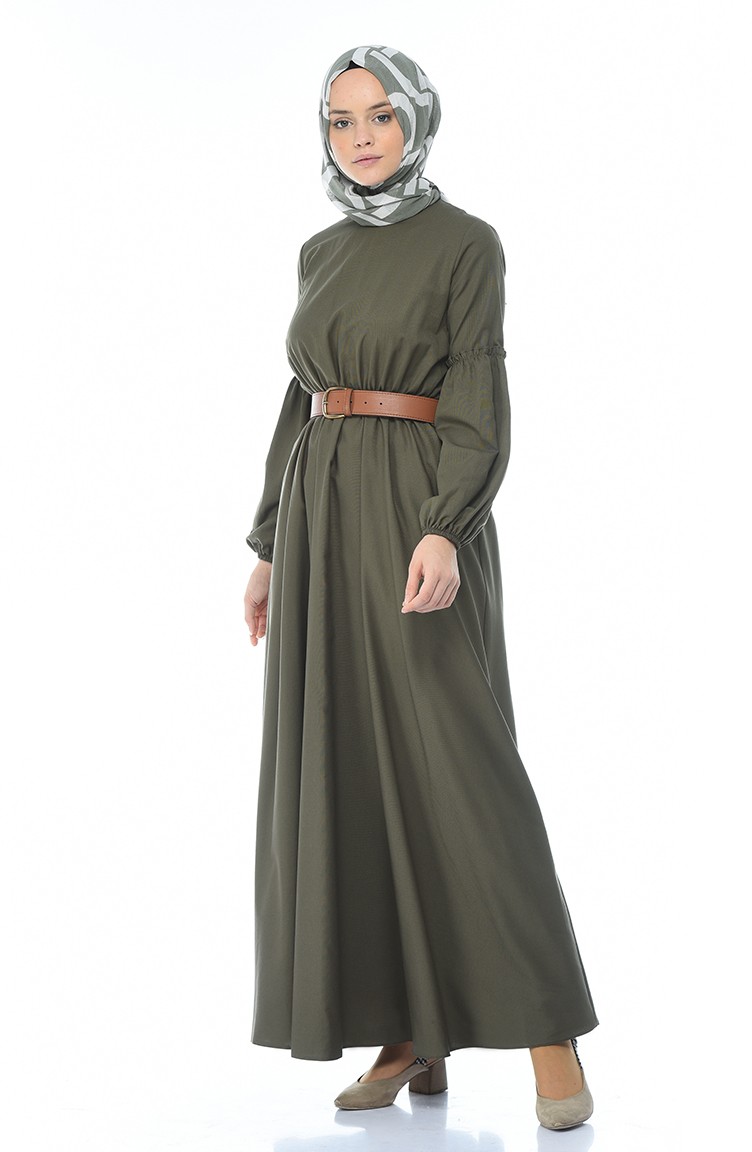 فستان بحزام على الخصر كاكي 1039-03 | Sefamerve