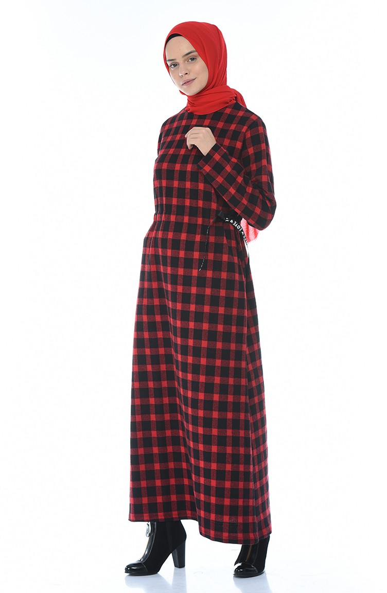 Kareli Kışlık Elbise 0325-02 Kırmızı | Sefamerve