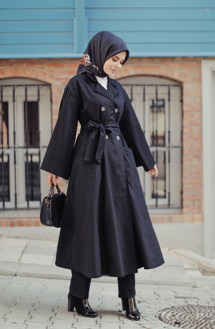 Trench Coat With Pockets And Sleeve Detailed Black 9034-01 | Sefamerve