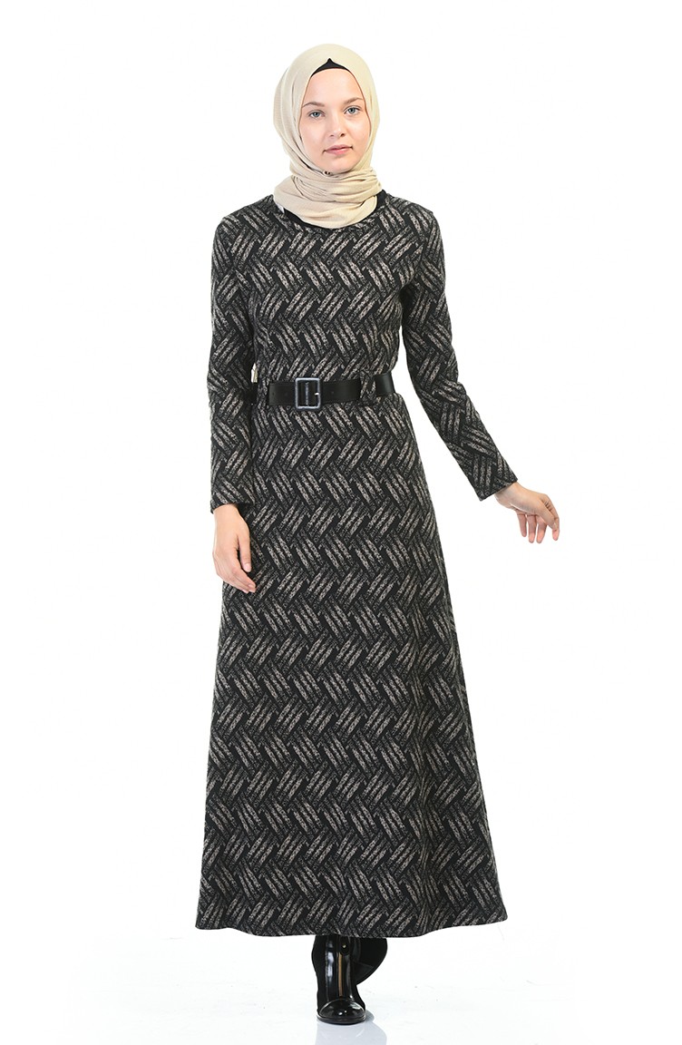 Kemerli Kışlık Elbise 5369B-01 Siyah Vizon | Sefamerve