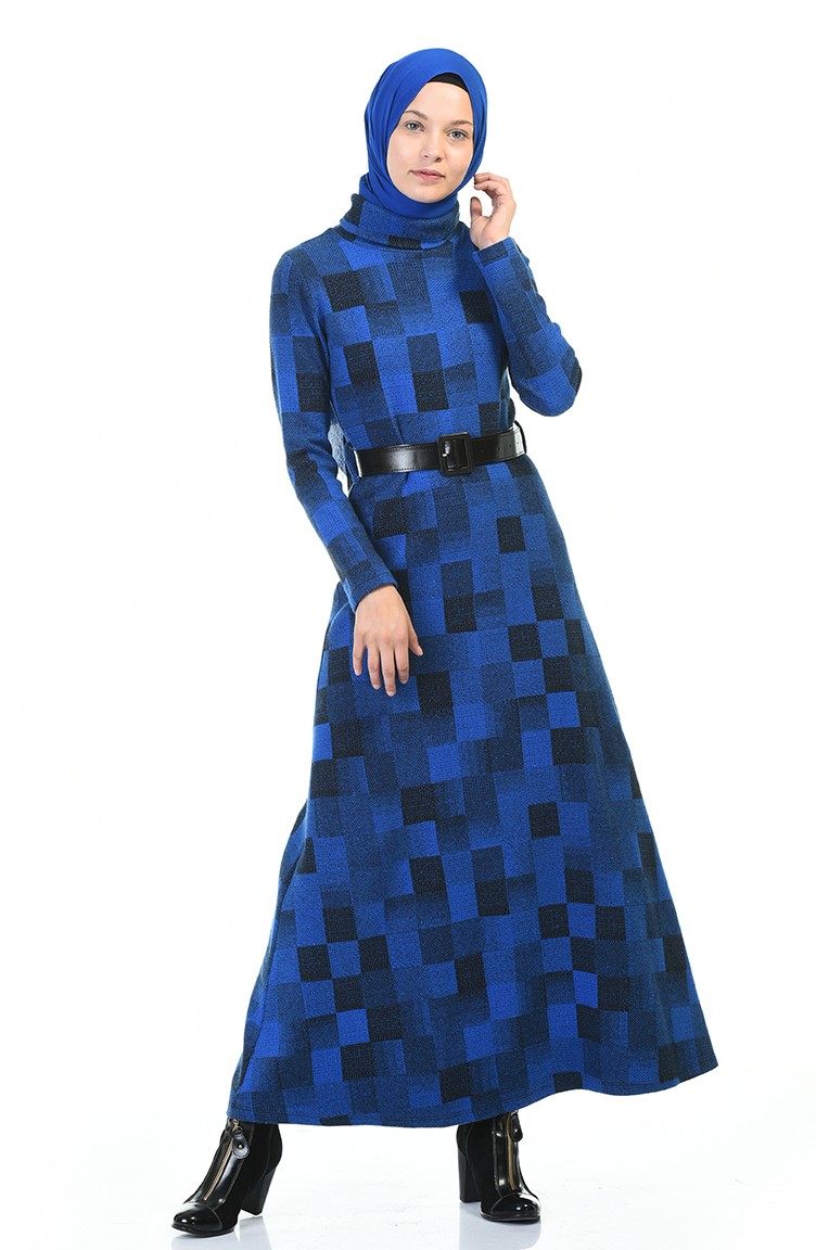 فستان بياقة مدورة شتوي بحزام أزرق 5488-04 | Sefamerve