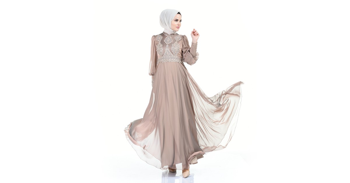 Milk Coffee Hijab Evening Dress 6166-03 | Sefamerve