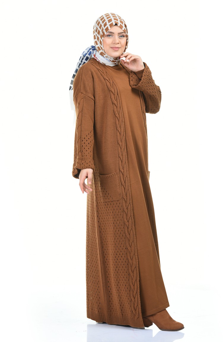 Büyük Beden Triko Elbise Hırka İkili Takım 8072-05 Kahverengi | Sefamerve