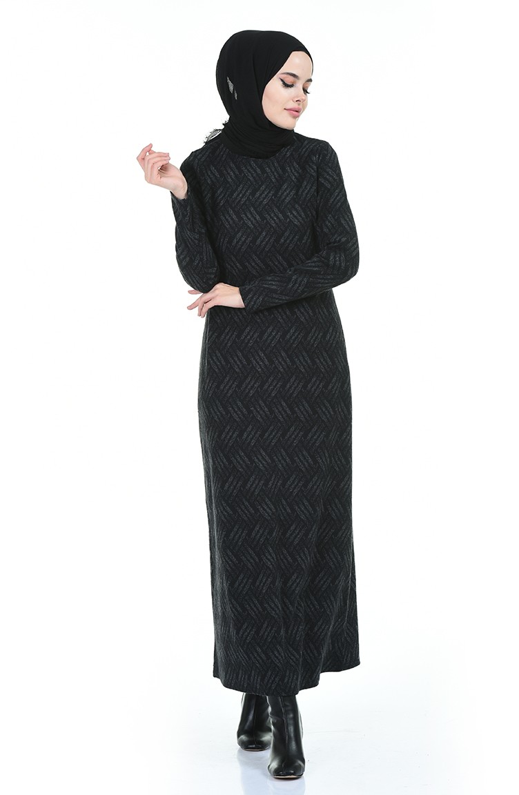 فستان شتوي منقوش أسود 8841-01 | Sefamerve