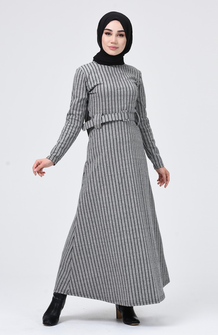 Kışlık Kemerli Elbise 0019-04 Gri | Sefamerve