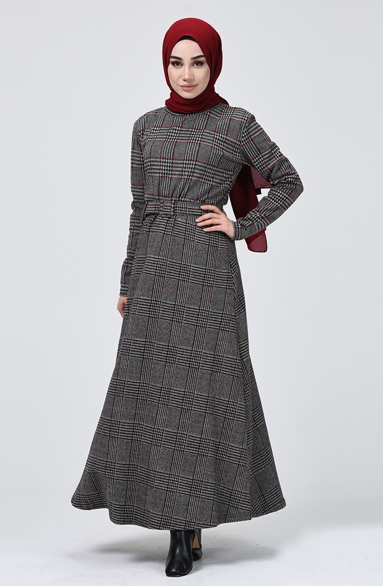 Ekose Desenli Kışlık Elbise 0014-04 Siyah Bordo | Sefamerve