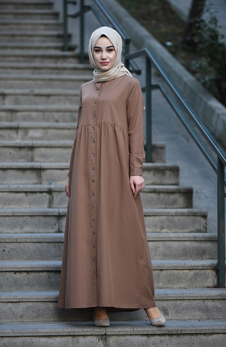 Doğal Kumaş Düğmeli Elbise 5037-14 Camel | Sefamerve