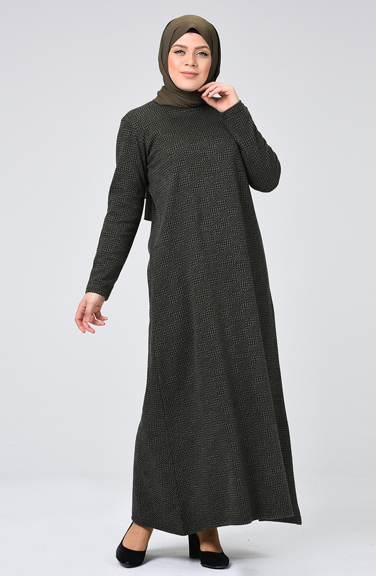 Büyük Beden Desenli Kışlık Elbise 7949-01 Haki Yeşil | Sefamerve