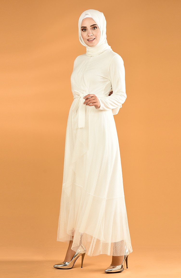 Volanlı Kuşaklı Tül Elbise 5014-04 Beyaz | Sefamerve