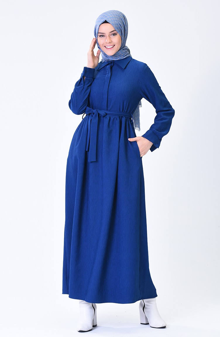 فستان بحزام أزرق داكن 3080-01 | Sefamerve