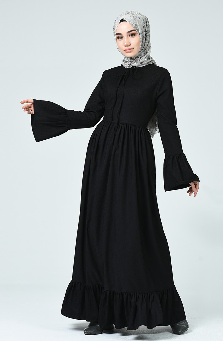 فستان مخمل مطوي أسود 81757-03 | Sefamerve