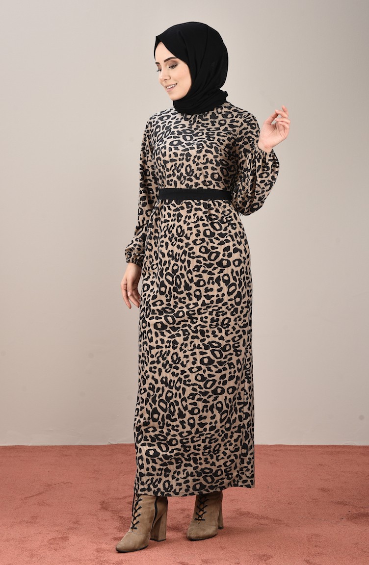 فستان مخمل بطباعة ليوبارد أسود وبني مائل للرمادي 8154-01 | Sefamerve