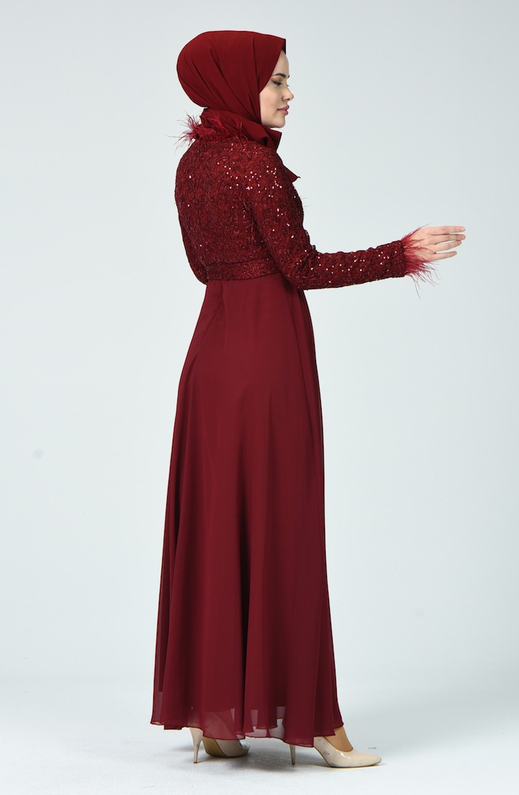 فستان سهرة مزين بالريش أحمر كلاريت 5237-02 | Sefamerve