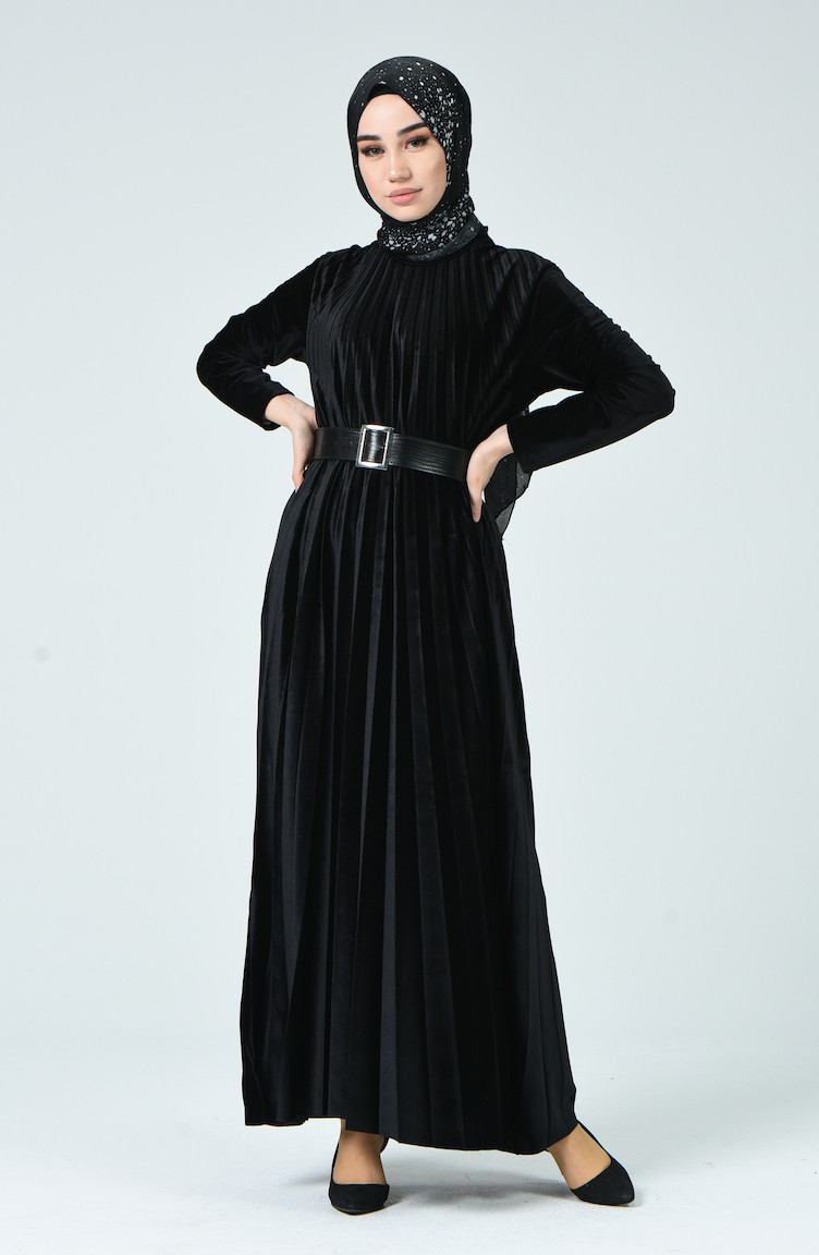 Boydan Pileli Kadife Elbise 1978-02 Siyah | Sefamerve