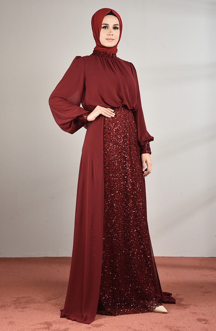 Claret Red Hijab Evening Dress 5230-05 | Sefamerve