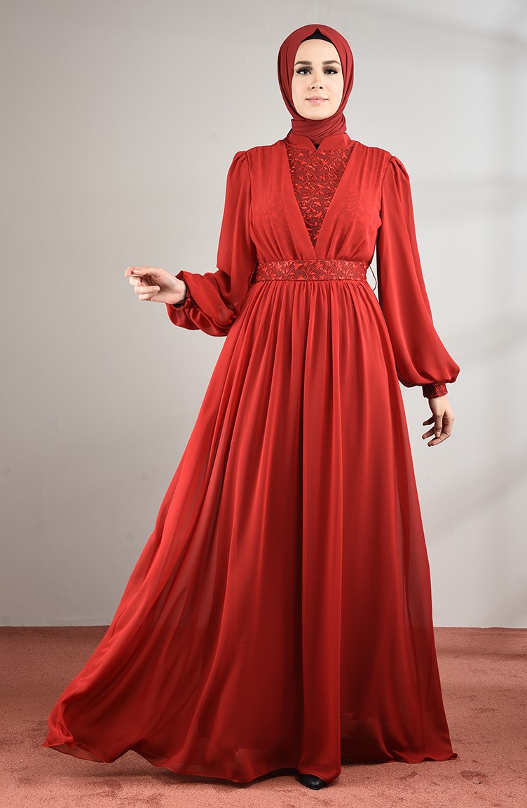 فستان سهرة شيفون مزين بالدانتيل أحمر كلاريت 5233-01 | Sefamerve