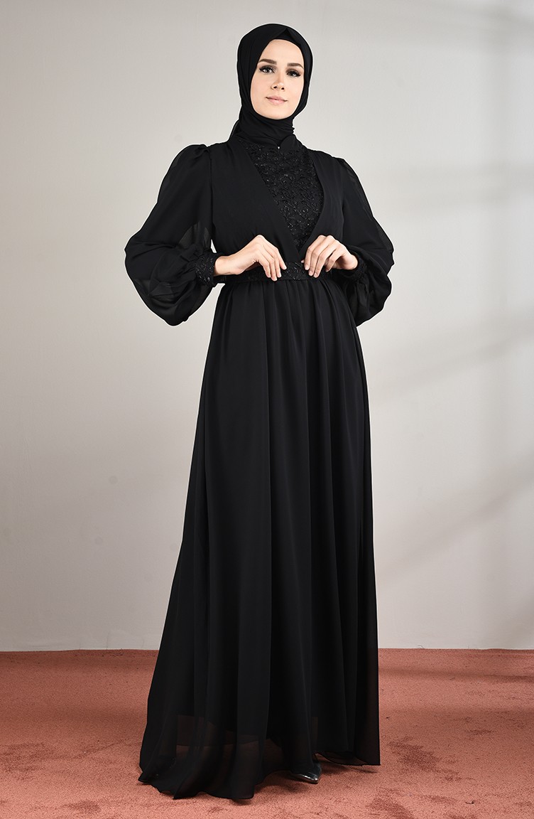 فستان سهرة شيفون مزين بالدانتيل أسود 5233-03 | Sefamerve