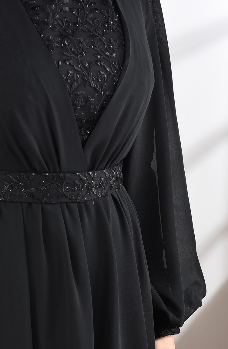فستان سهرة شيفون مزين بالدانتيل أسود 5233-03 | Sefamerve