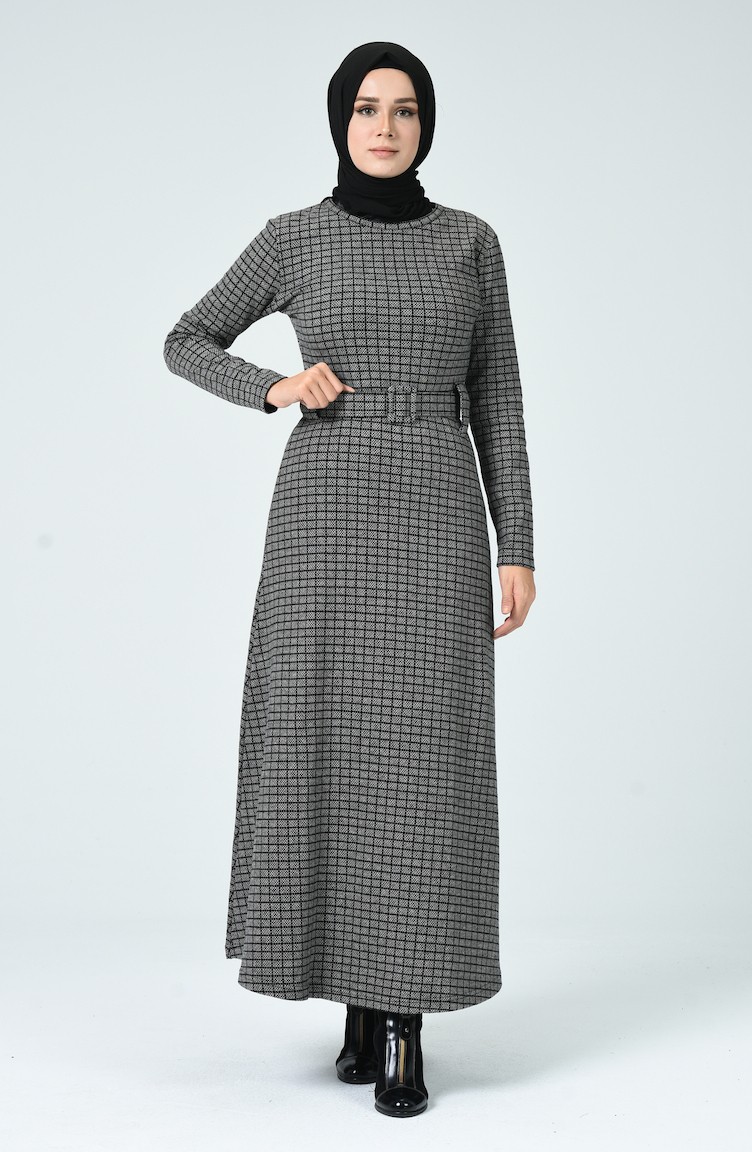 Kareli Kışlık Elbise 0017-03 Siyah | Sefamerve