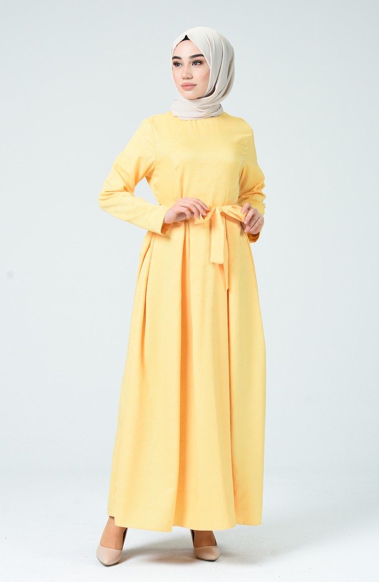 Jakarlı Kuşaklı Elbise 60079-12 Sarı | Sefamerve