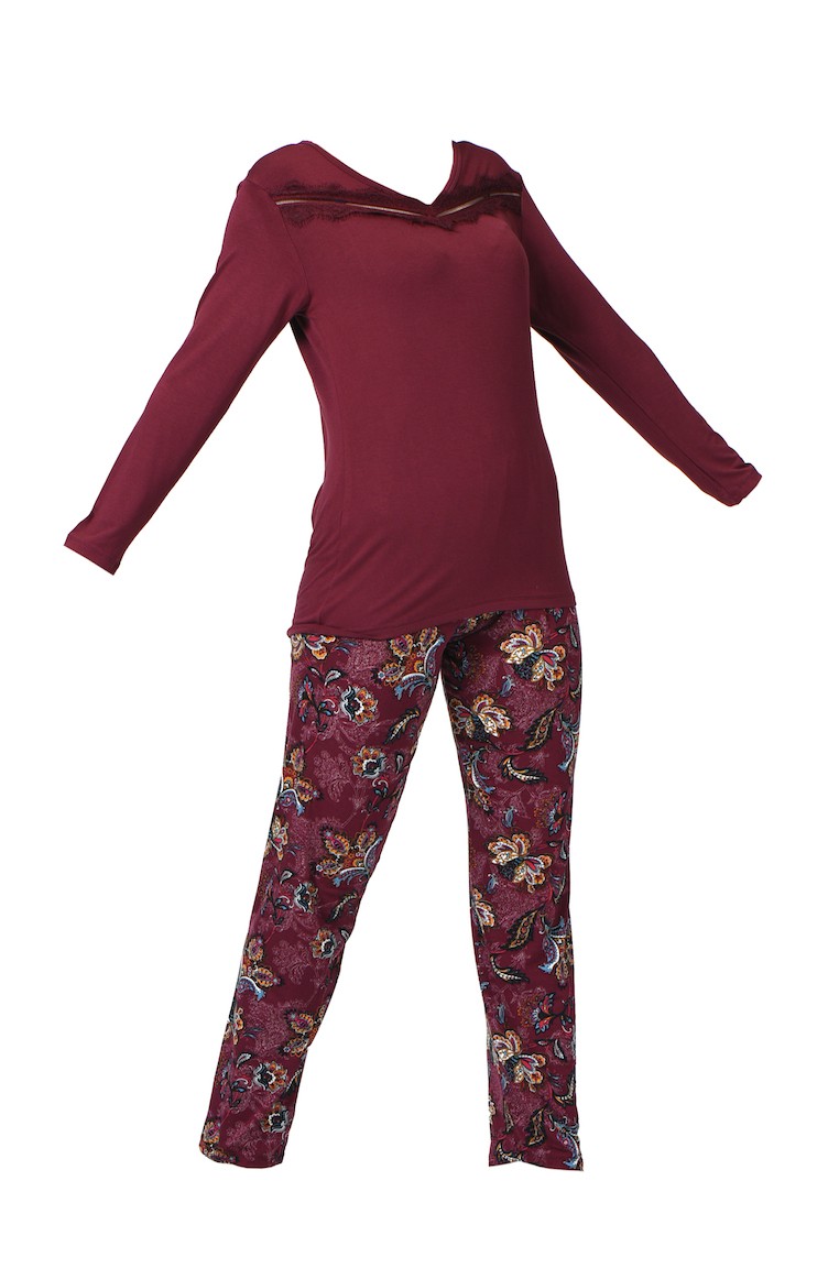 Bayan Yakası Dantel Detaylı Pijama Takımı MBY1533-01 Bordo | Sefamerve