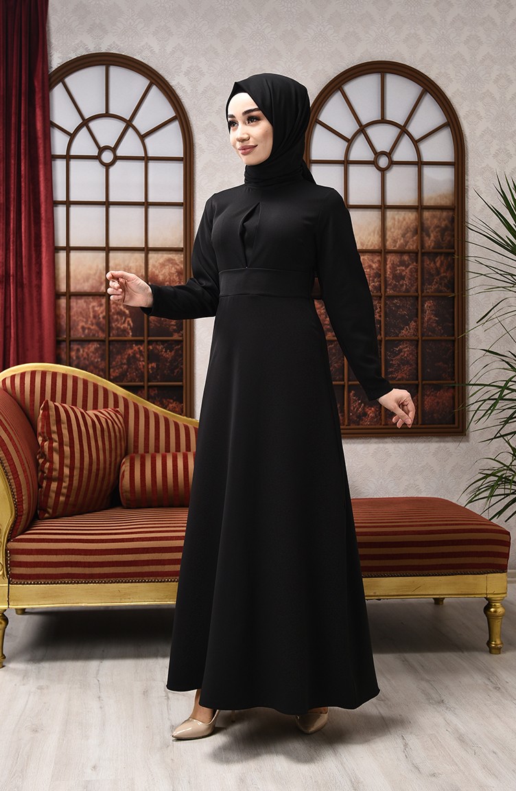 Önü Detaylı Kloş Elbise 2704-10 Siyah | Sefamerve