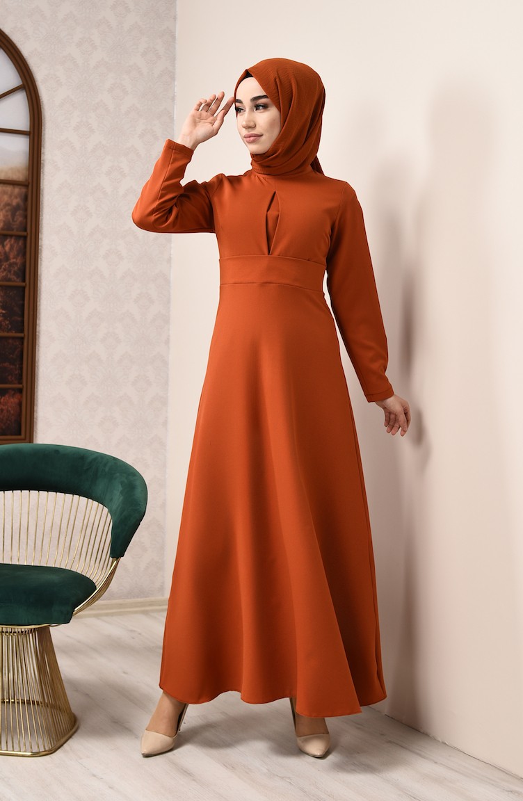 Önü Detaylı Kloş Elbise 2704-01 Kiremit | Sefamerve