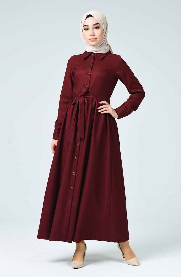 Boydan Düğmeli Kışlık Elbise 0895-02 Bordo | Sefamerve