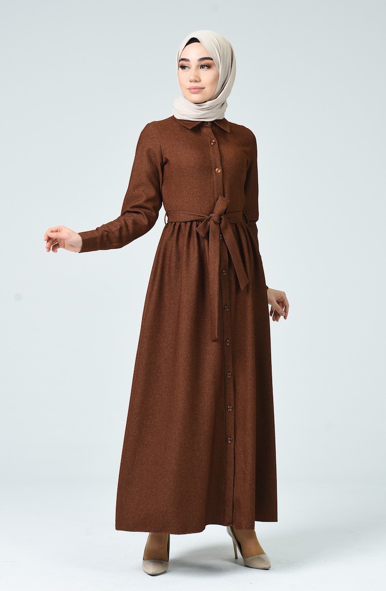 Boydan Düğmeli Kışlık Elbise 0895-03 Kahverengi | Sefamerve