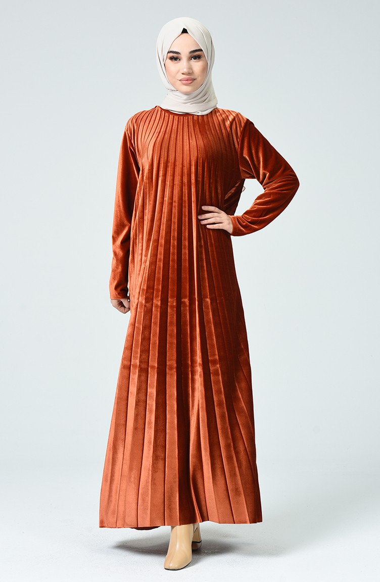 Boydan Pileli Kadife Elbise 1978-01 Kiremit | Sefamerve