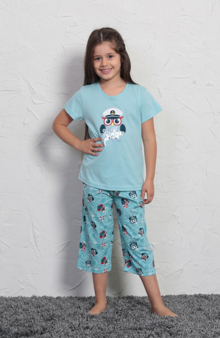 Kız Çocuk Kısa Kol Pijama Takımı 708054-A Mint Yeşili | Sefamerve