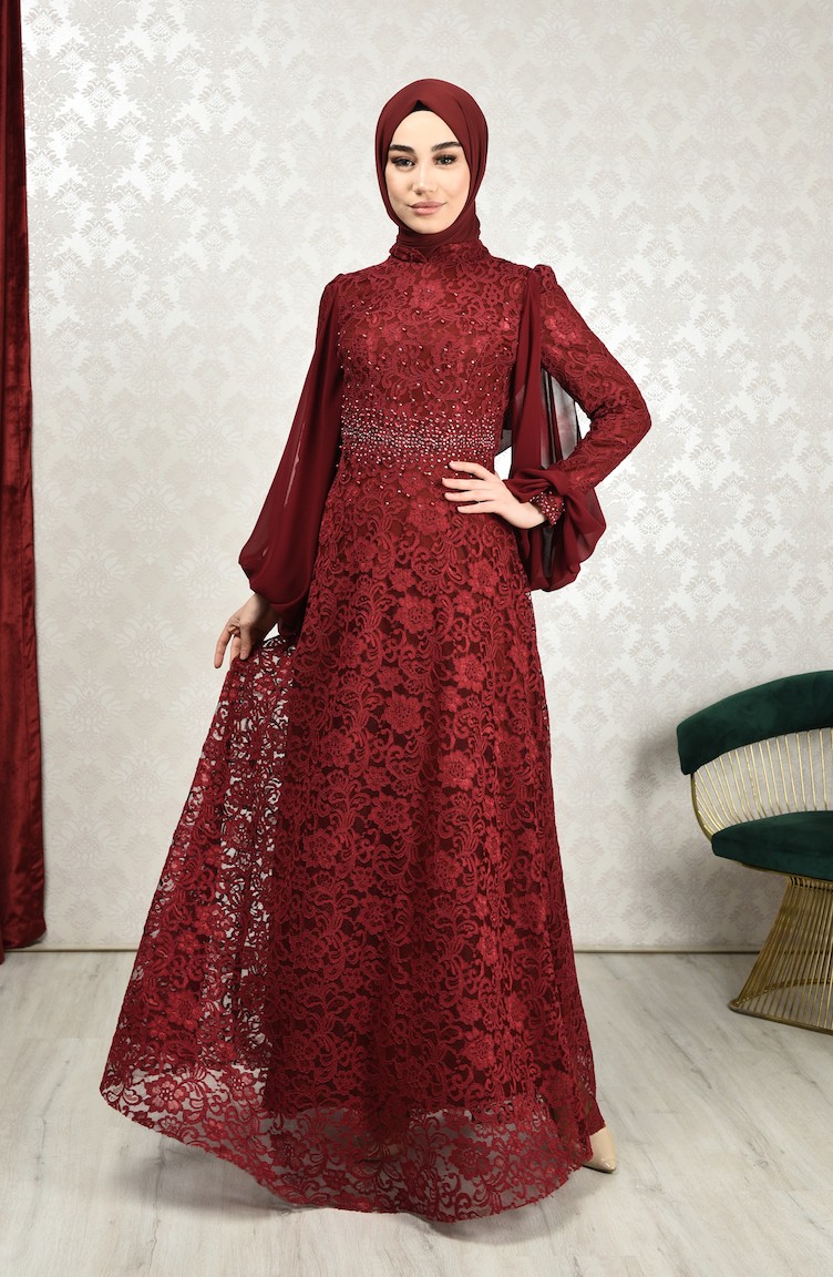 فستان سهرة دانتيل أحمر كلاريت 5235-03 | Sefamerve