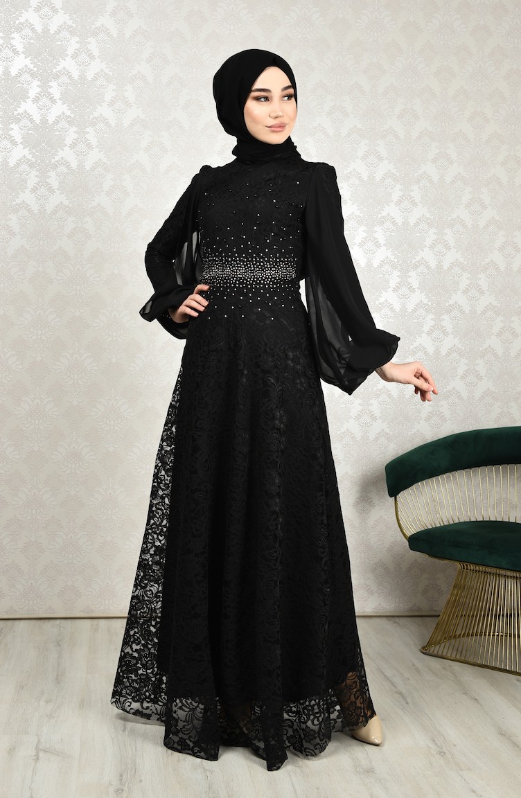 فستان سهرة دانتيل أسود 5235-04 | Sefamerve