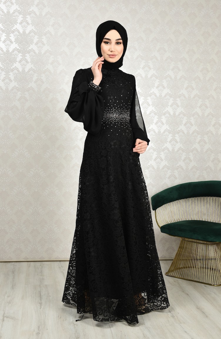 فستان سهرة دانتيل أسود 5235-04 | Sefamerve