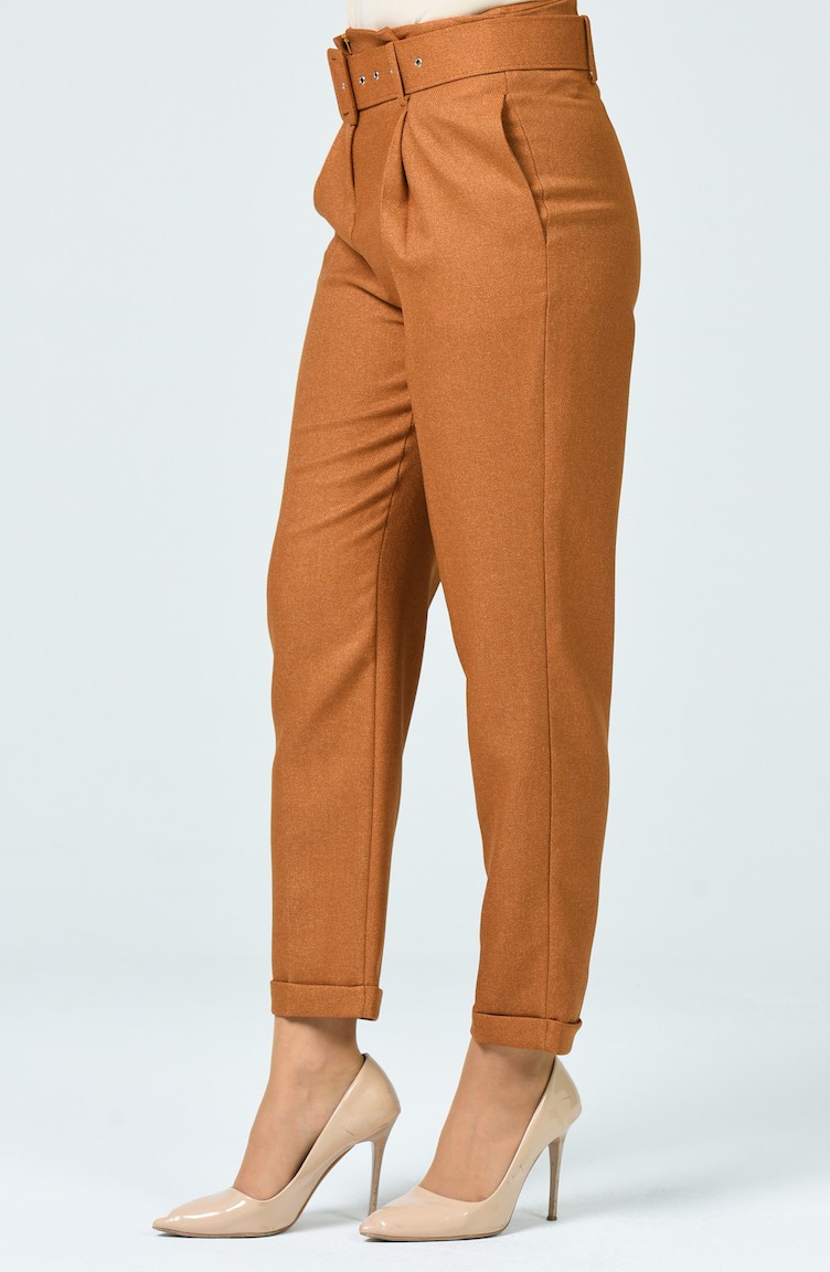 Pantalon Taille Haute avec Ceinture 1739-01 Moutarde 1739-01 | Sefamerve