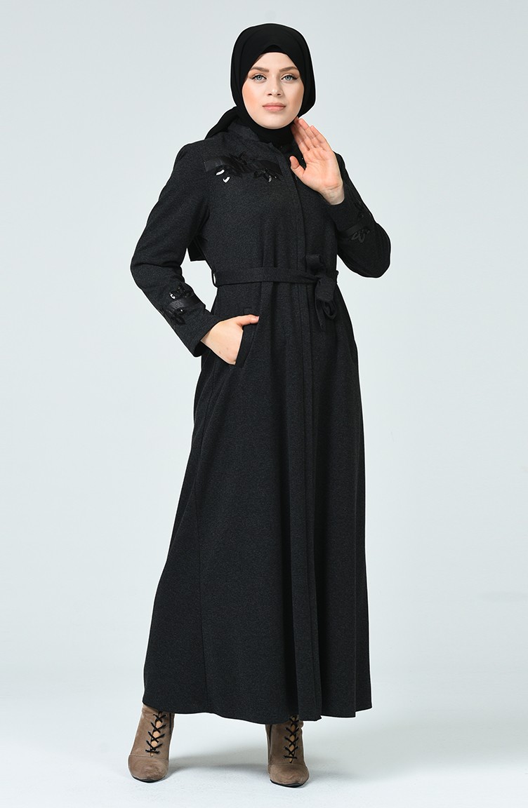 Abaya à Fermeture Avec Ceinture Grande Taille 8215-01 Noir 8215-01 |  Sefamerve