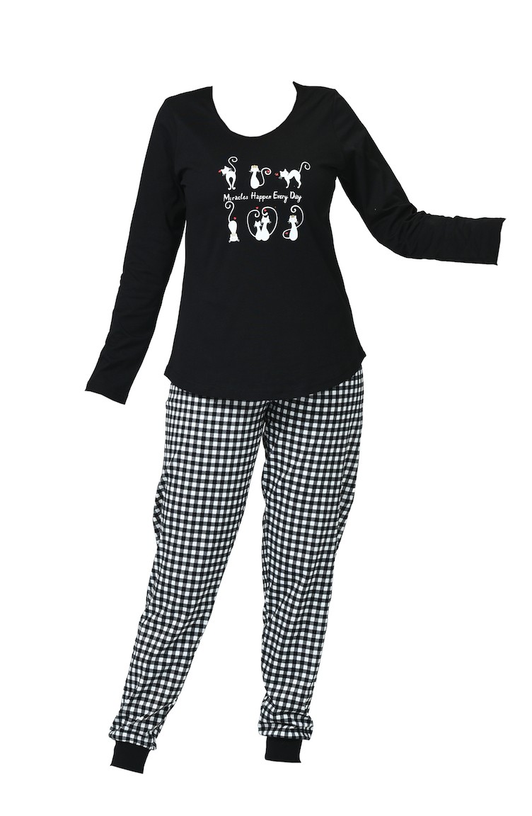 Bayan Uzun Kollu Pijama Takımı 905067-A Siyah | Sefamerve