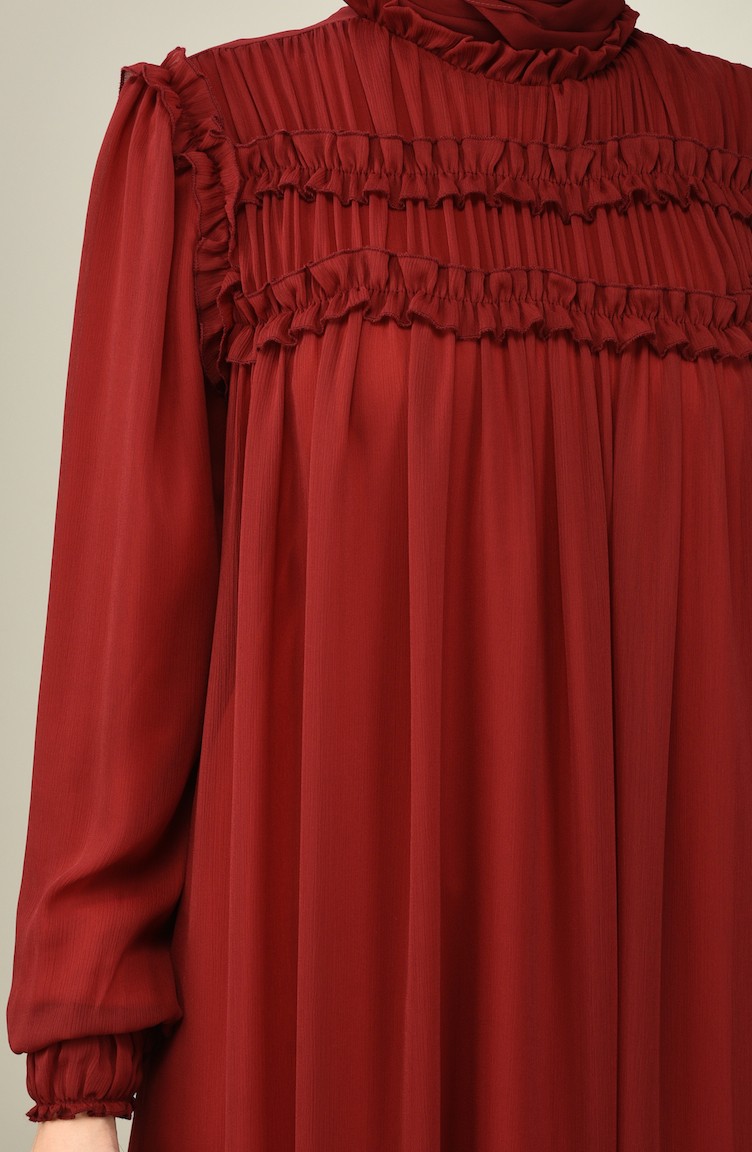 فستان سهرة شيفون مبطن أحمر كلاريت 8127-01 | Sefamerve