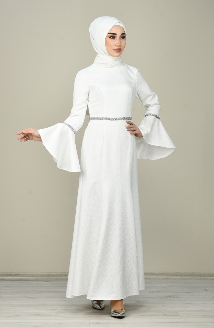 Taşlı Abiye Elbise 60081-20 Beyaz | Sefamerve