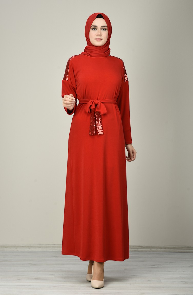 Payetli Kuşaklı Elbise 8136-02 Kırmızı | Sefamerve