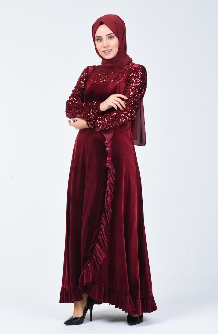Sequin Detailed Velvet Evening Dress 5105-03 Burgundy 5105-03 | Sefamerve
