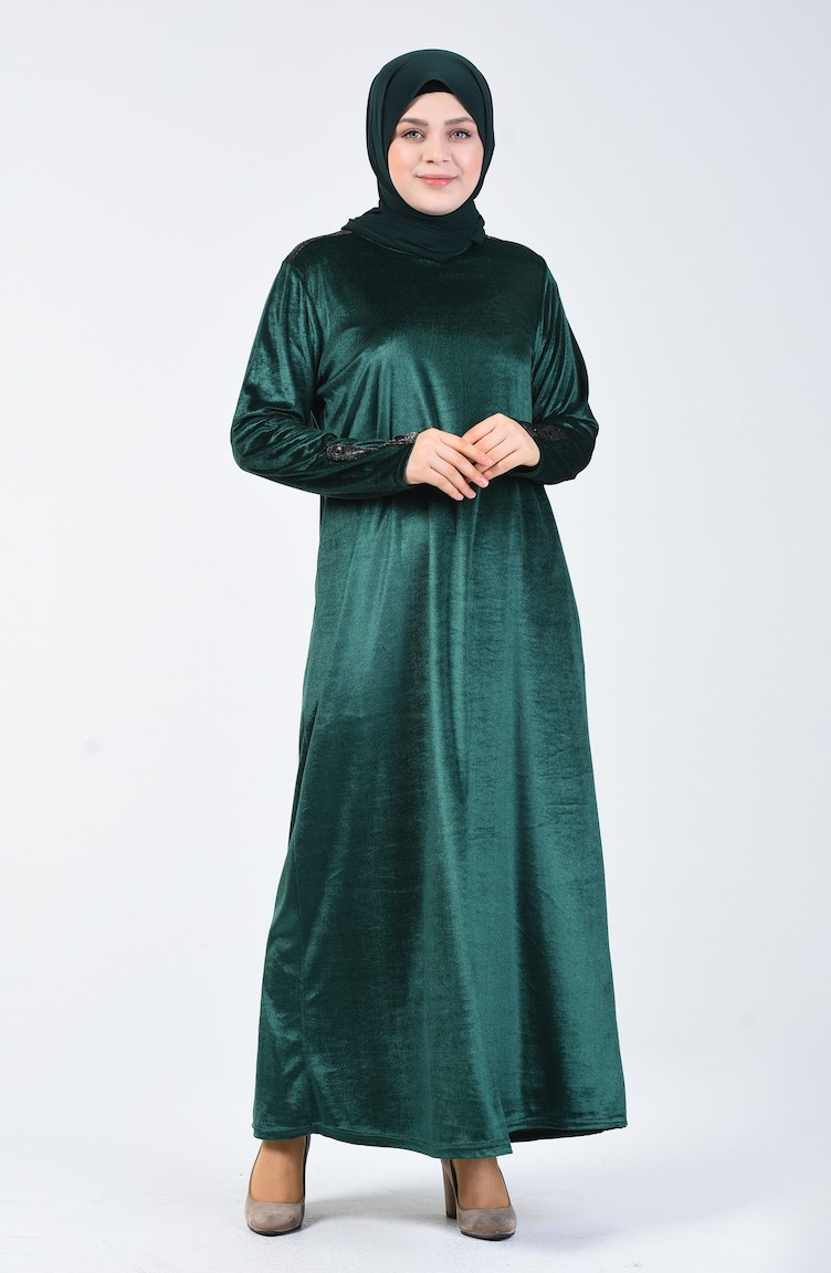 Büyük Beden Kadife Elbise 4868-07 Zümrüt Yeşili | Sefamerve