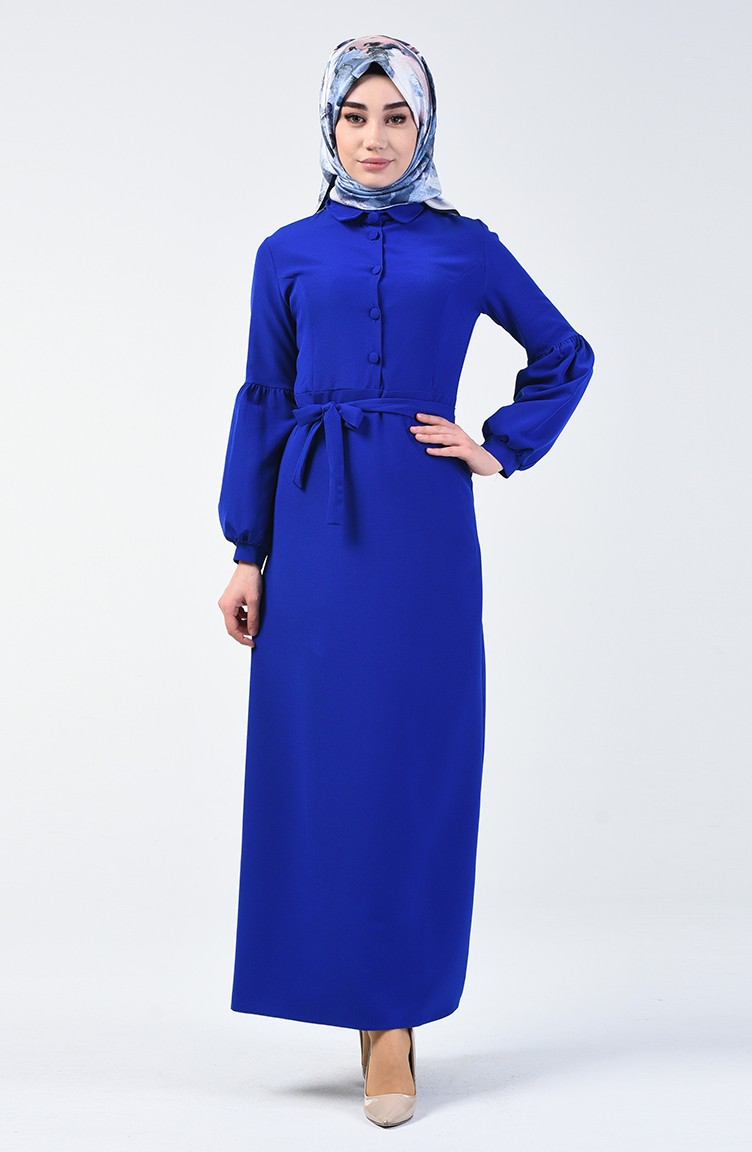 Button Belted Dress 2699-14 Saxe Blue 2699-14 | Sefamerve