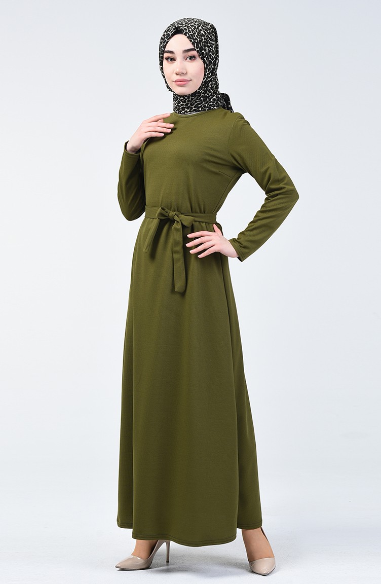 فستان سادة بتصميم مخصر لون الزيتي الغامق 0028-04 | Sefamerve