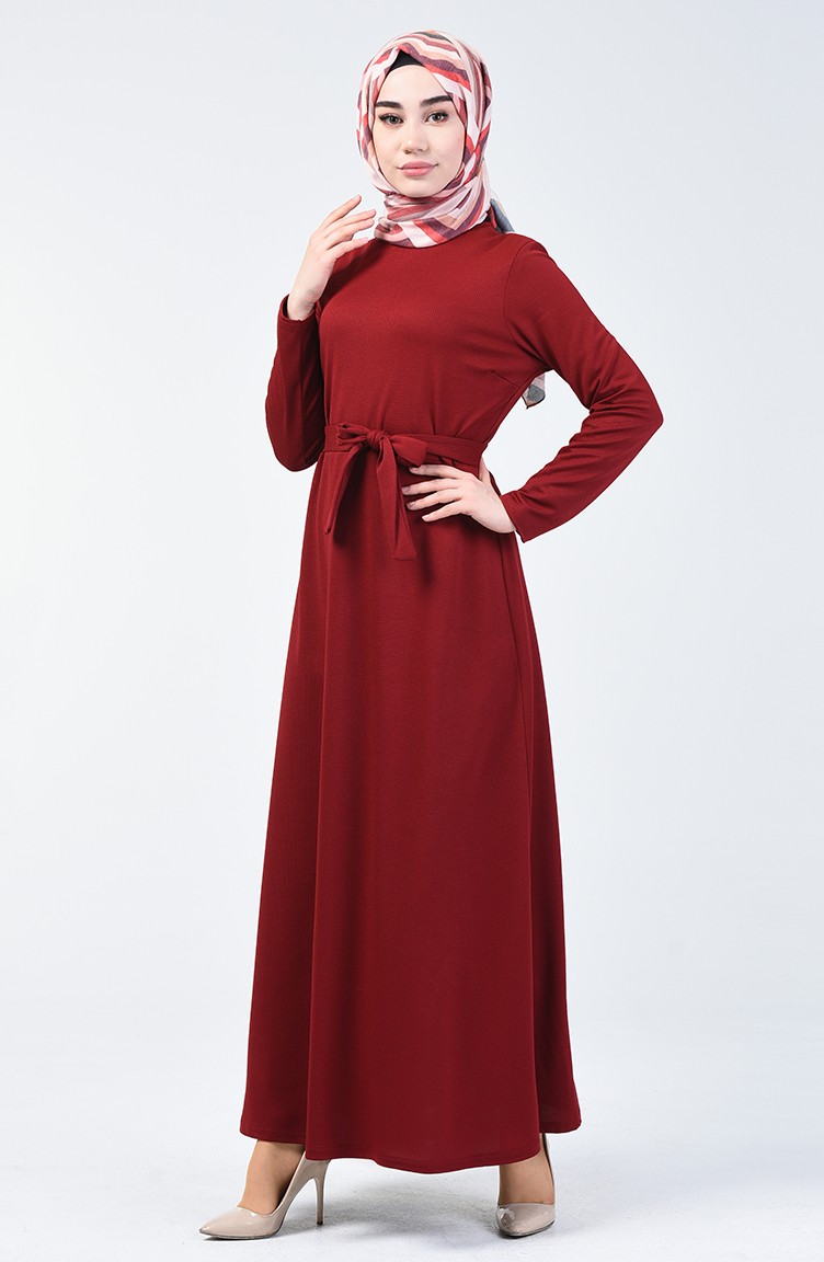 فستان سادة بتصميم مخصر لون الاحمر الغامق 0028-05 | Sefamerve