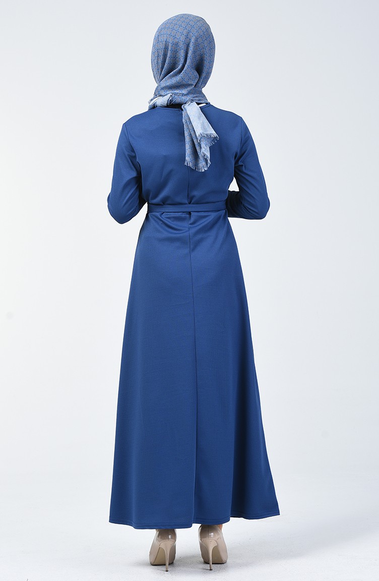 فستان سادة بتصميم مخصر لون النيلي 0028-06 | Sefamerve