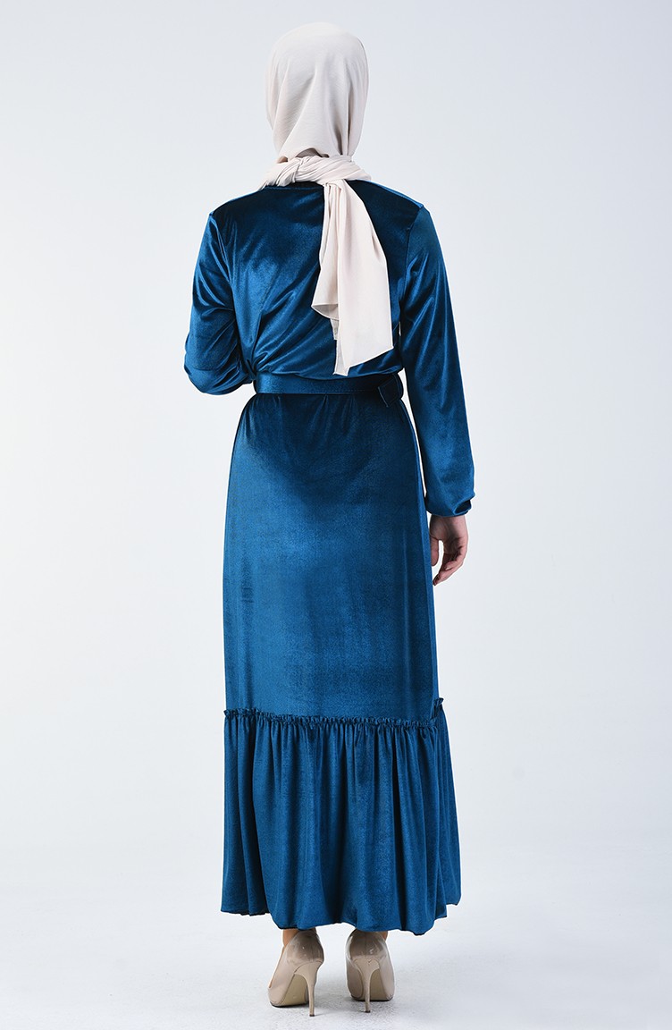 فستان بقماش قطيفة وحزام خصري لون الازرق البترولي 5557-08 | Sefamerve