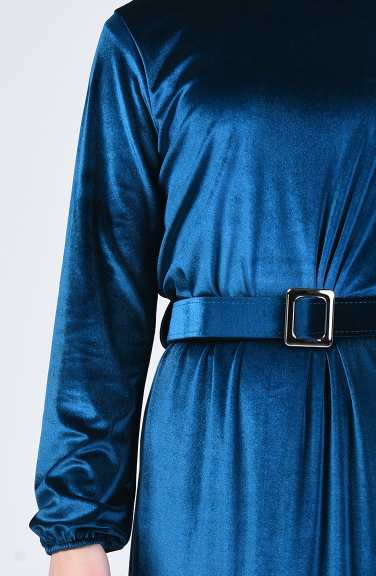 فستان بقماش قطيفة وحزام خصري لون الازرق البترولي 5557-08 | Sefamerve